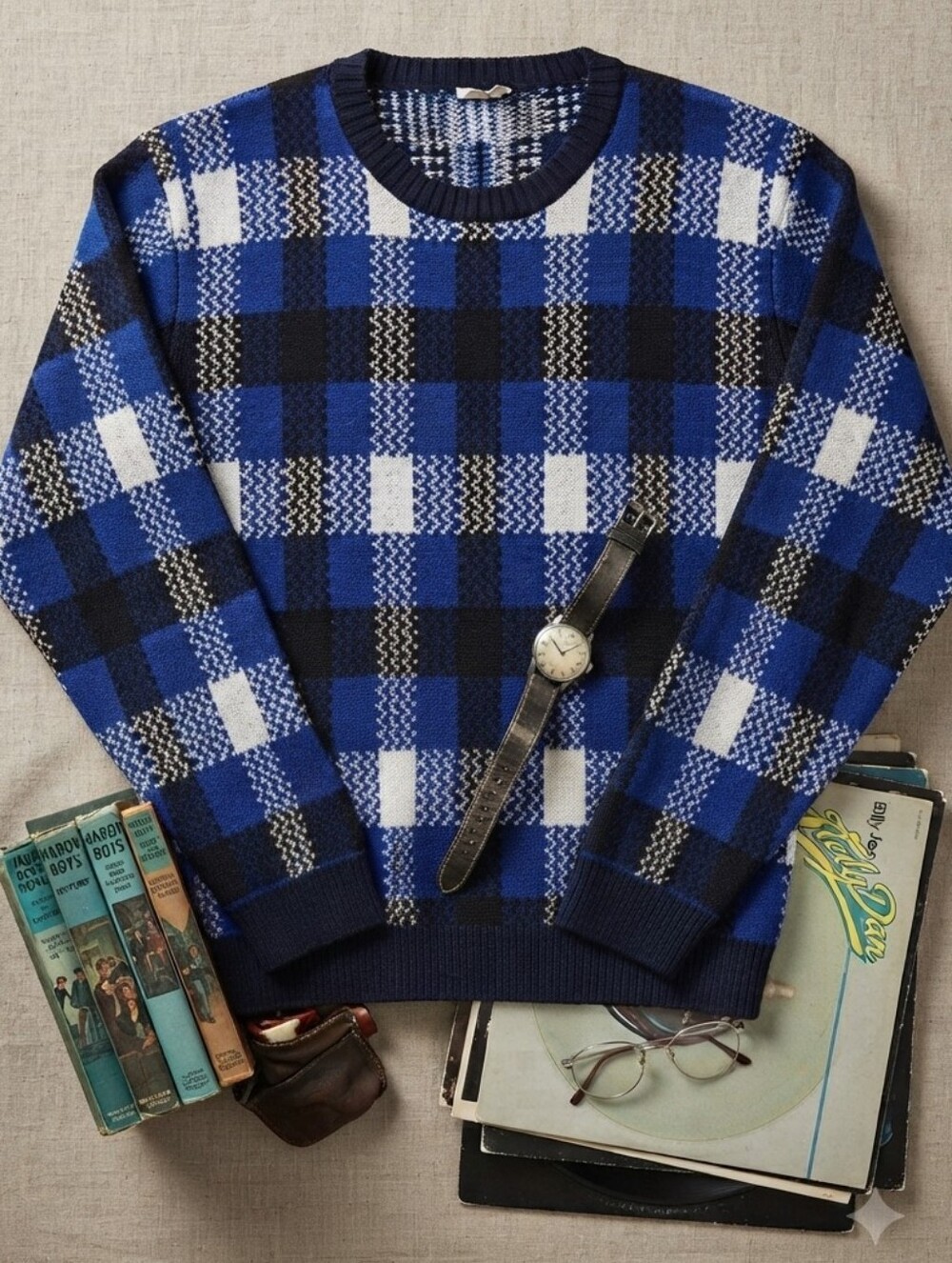 ASOS Blue Black White Plaid Knit Sweater